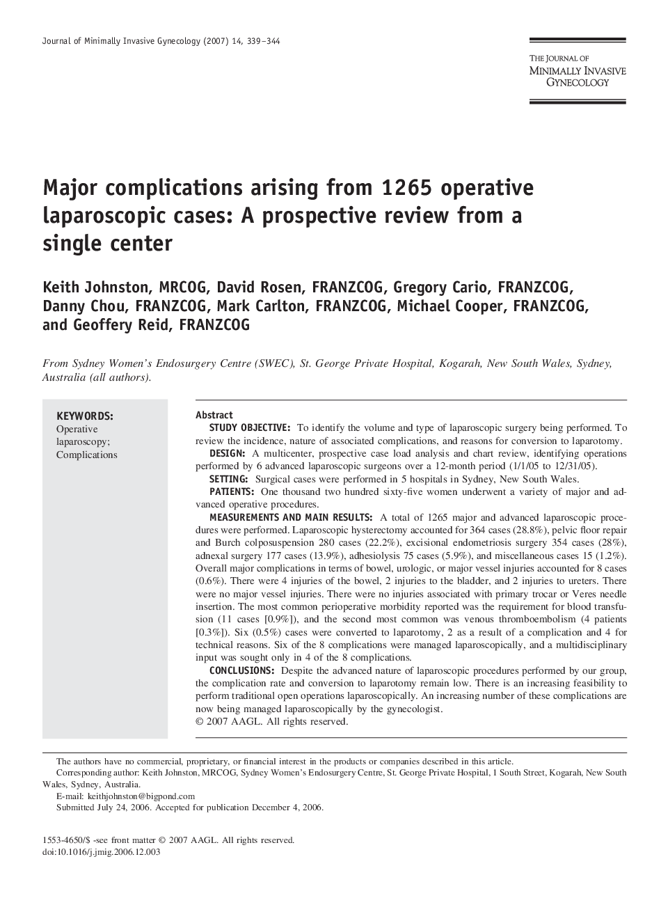 Major complications arising from 1265 operative laparoscopic cases: A prospective review from a single center 