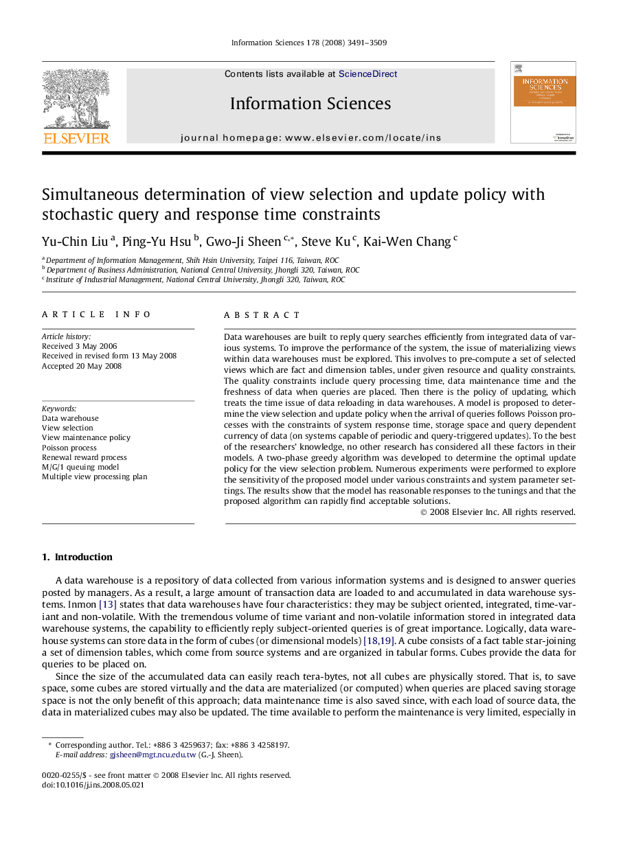 Simultaneous determination of view selection and update policy with stochastic query and response time constraints