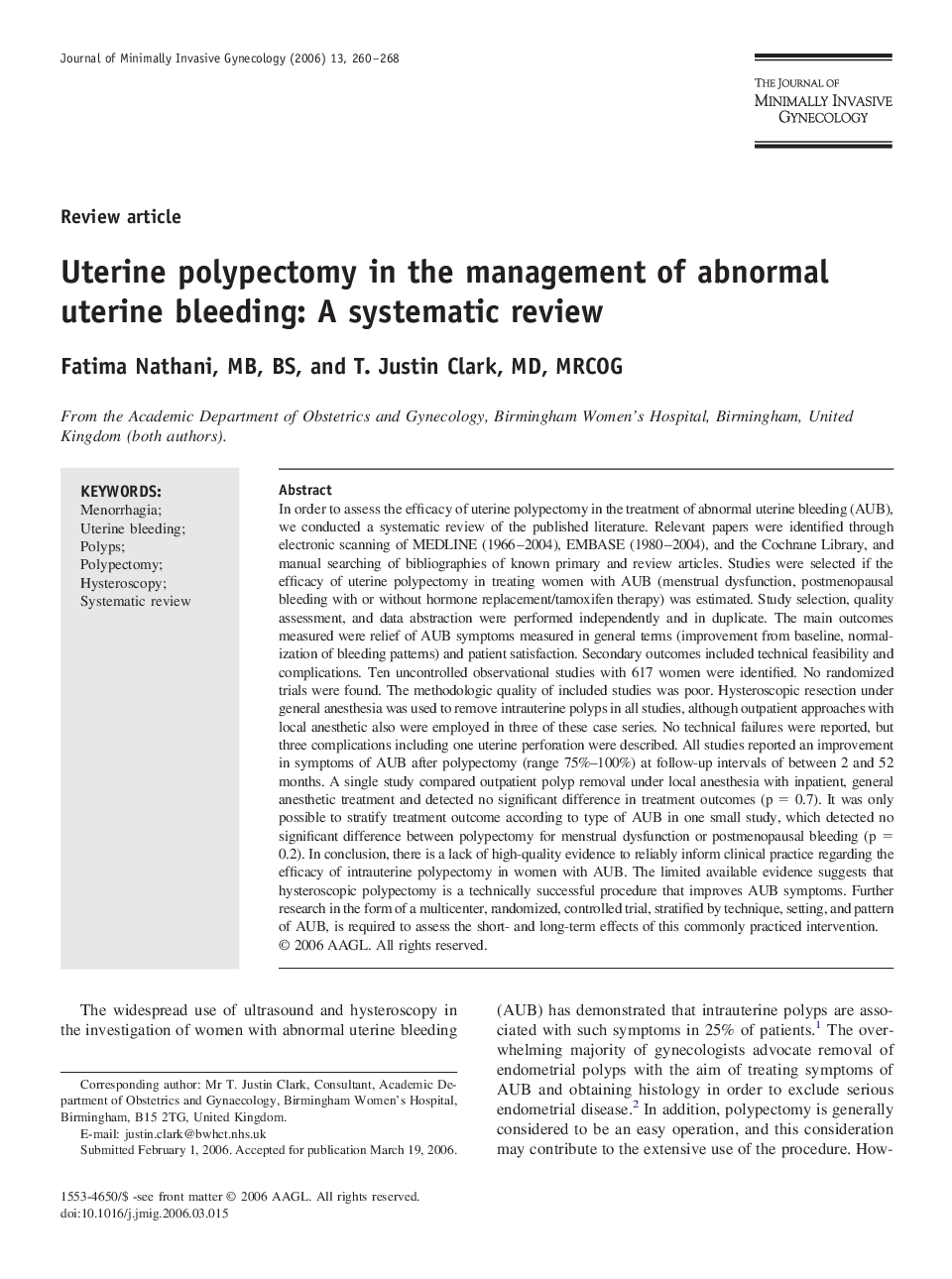 Uterine polypectomy in the management of abnormal uterine bleeding: A systematic review