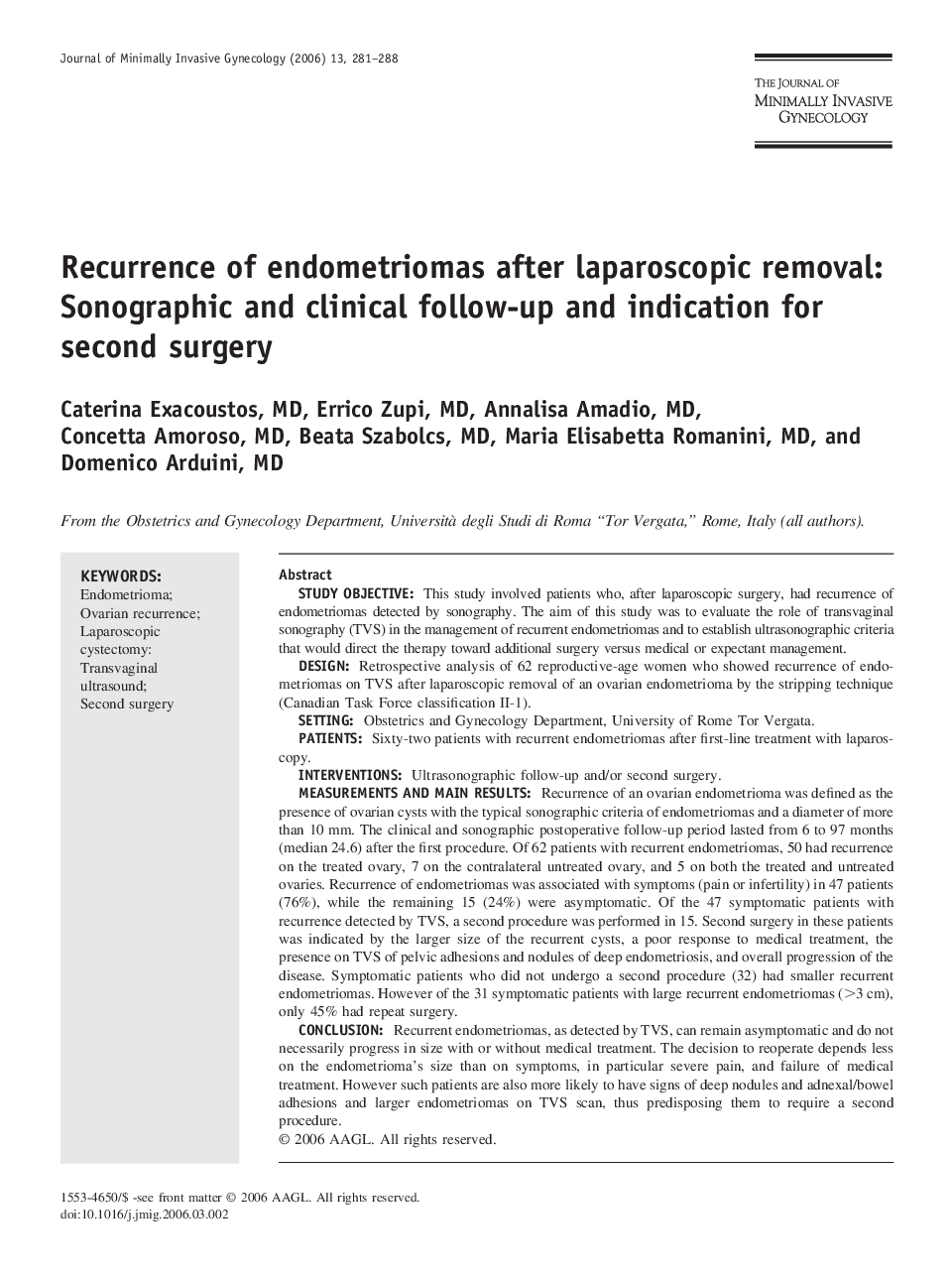 Recurrence of endometriomas after laparoscopic removal: Sonographic and clinical follow-up and indication for second surgery