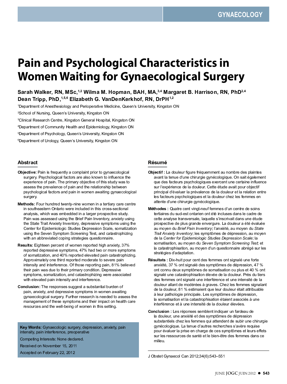 Pain and Psychological Characteristics in Women Waiting for Gynaecological Surgery