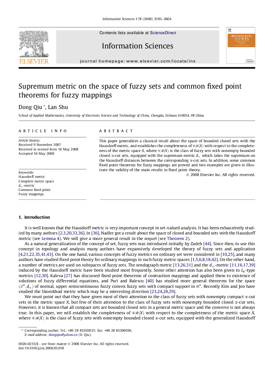 Supremum metric on the space of fuzzy sets and common fixed point theorems for fuzzy mappings