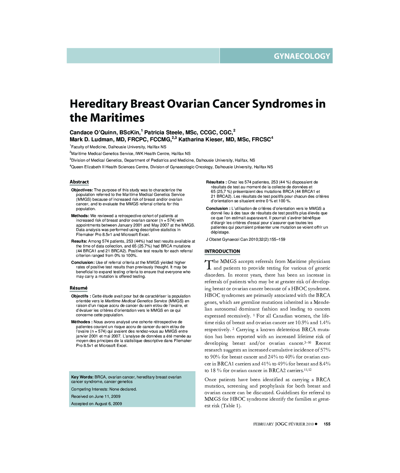 Hereditary Breast Ovarian Cancer Syndromes in the Maritimes