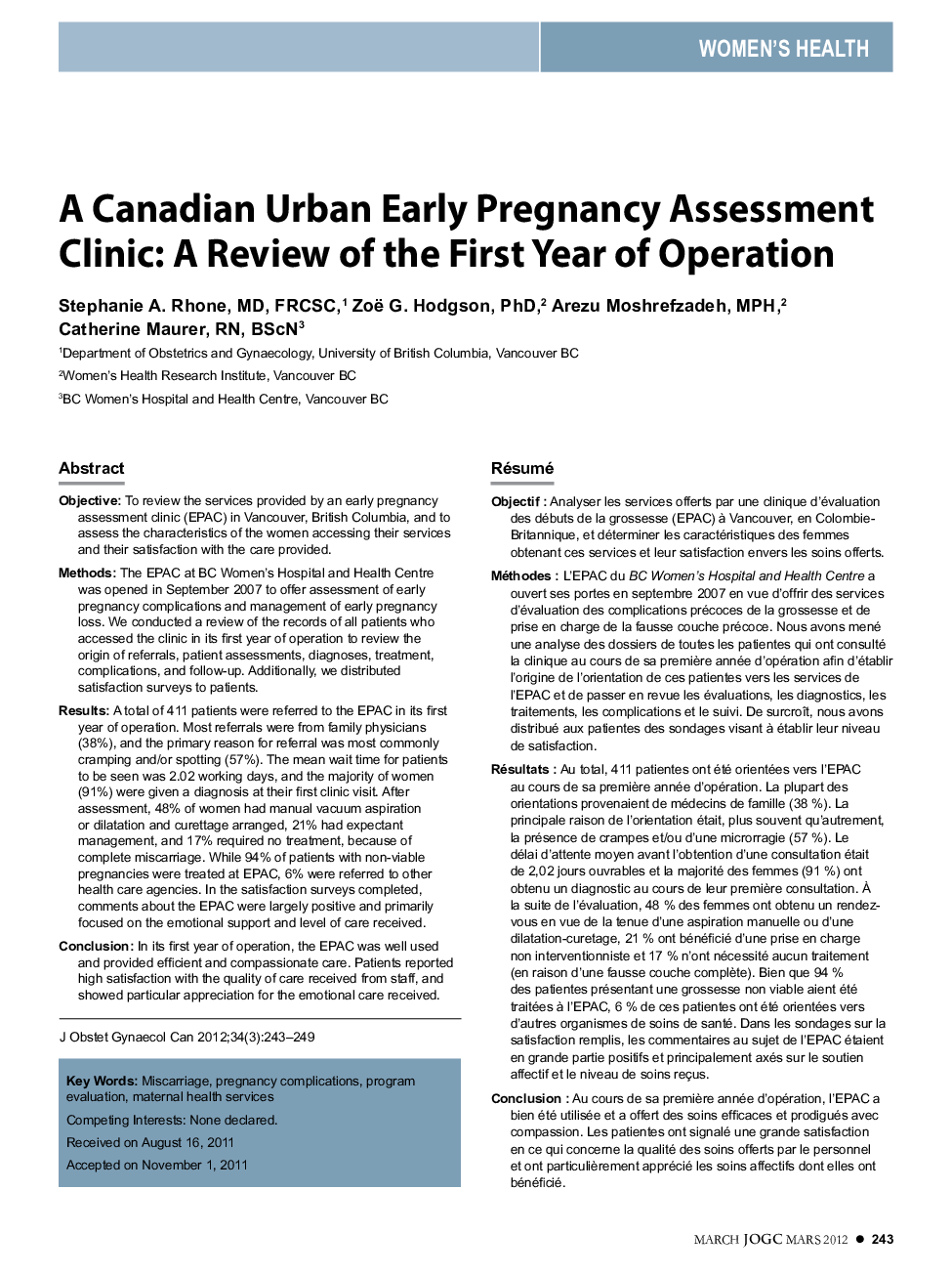 A Canadian Urban Early Pregnancy Assessment Clinic: A Review of the First Year of Operation