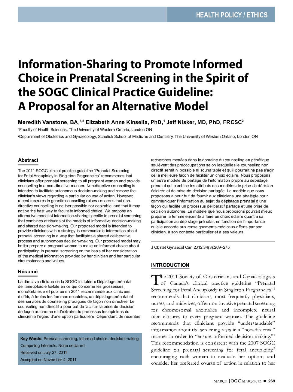 Information-Sharing to Promote Informed Choice in Prenatal Screening in the Spirit of the SOGC Clinical Practice Guideline: A Proposal for an Alternative Model