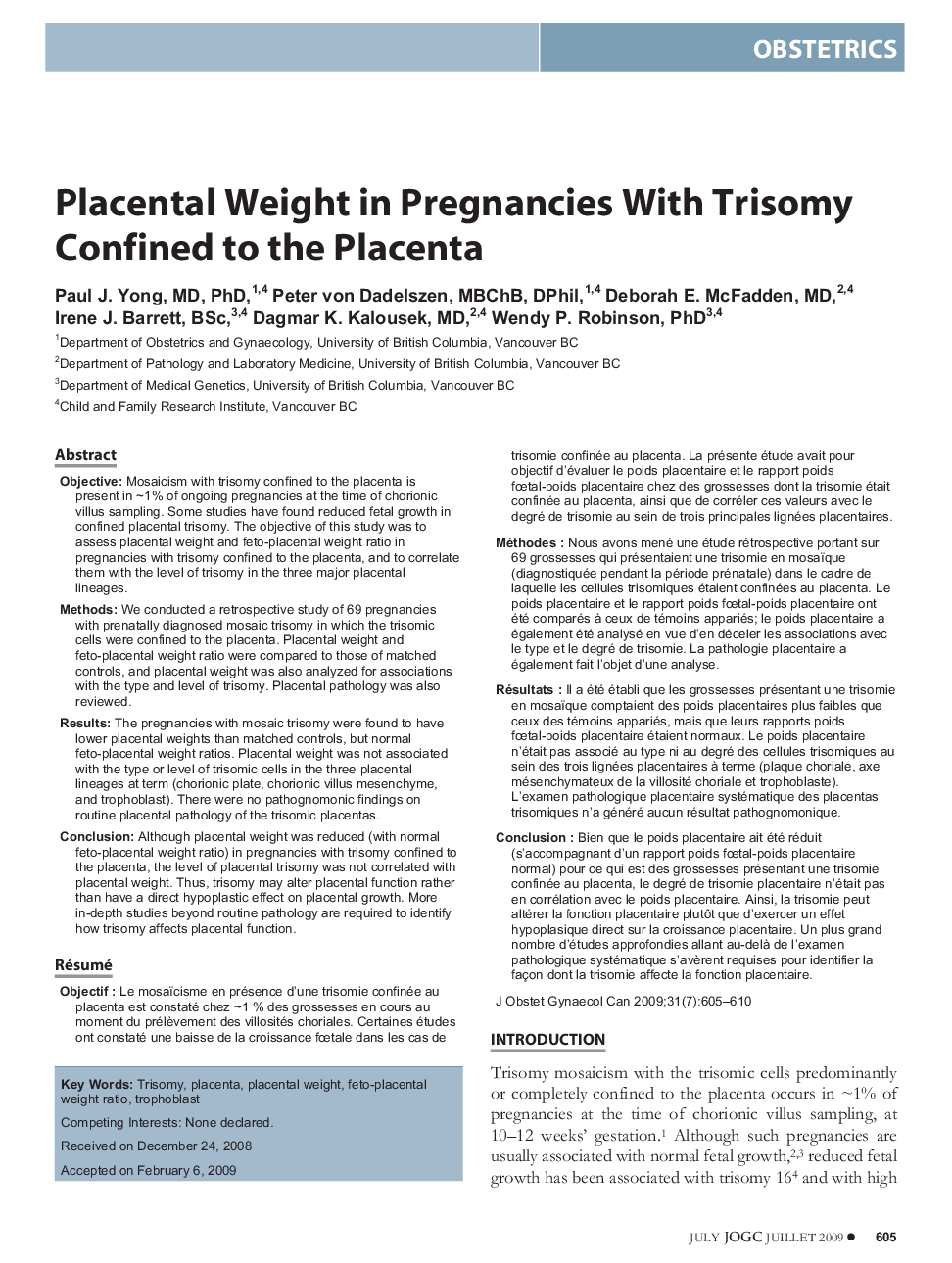 Placental Weight in Pregnancies With Trisomy Confined to the Placenta
