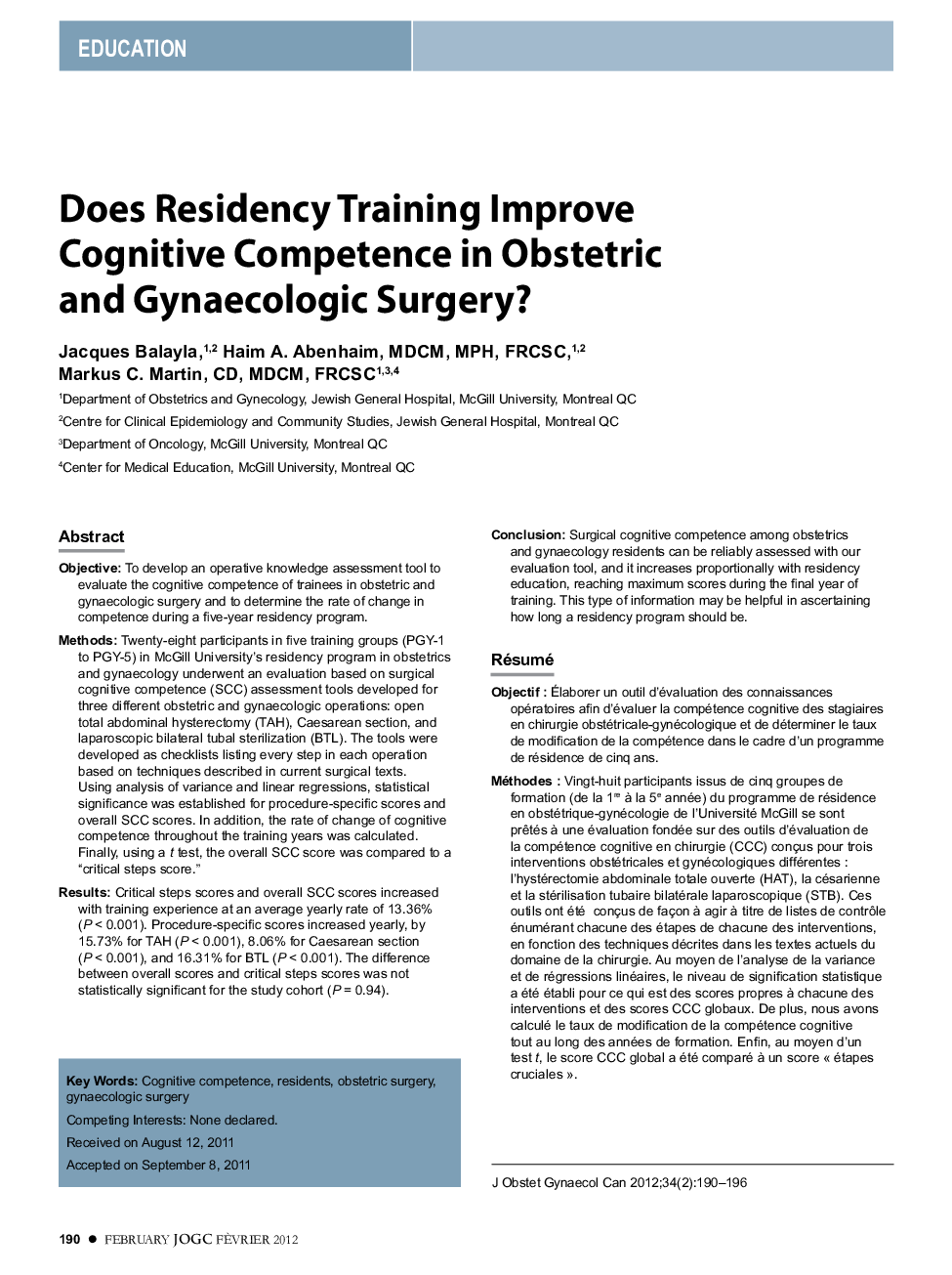 Does Residency Training Improve Cognitive Competence in Obstetric and Gynaecologic Surgery?