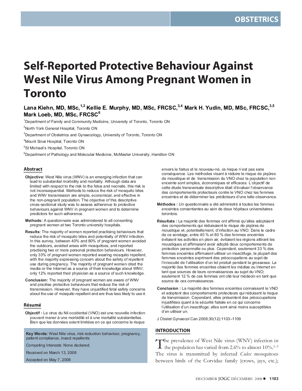 Self-Reported Protective Behaviour Against West Nile Virus Among Pregnant Women in Toronto