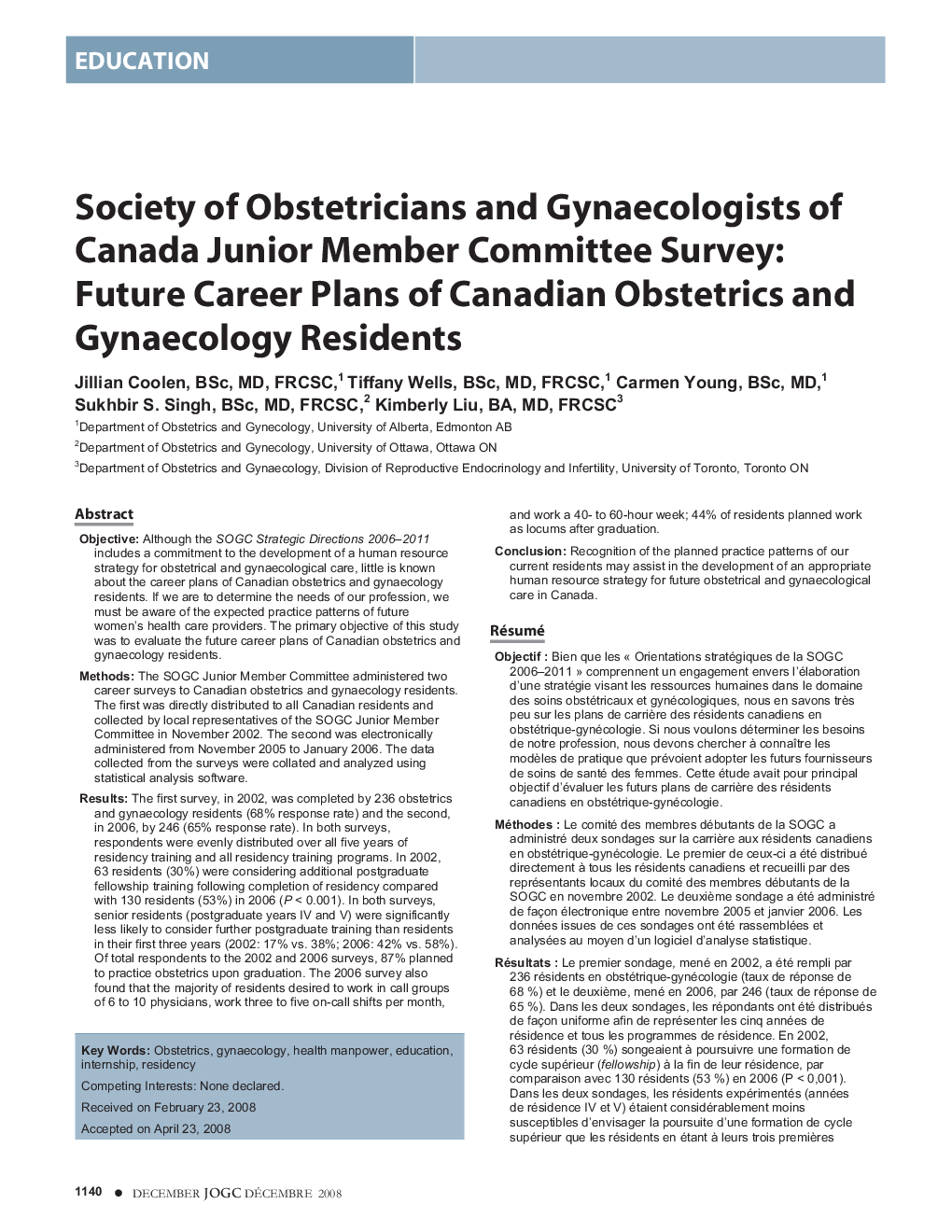 Society of Obstetricians and Gynaecologists of Canada Junior Member Committee Survey: Future Career Plans of Canadian Obstetrics and Gynaecology Residents