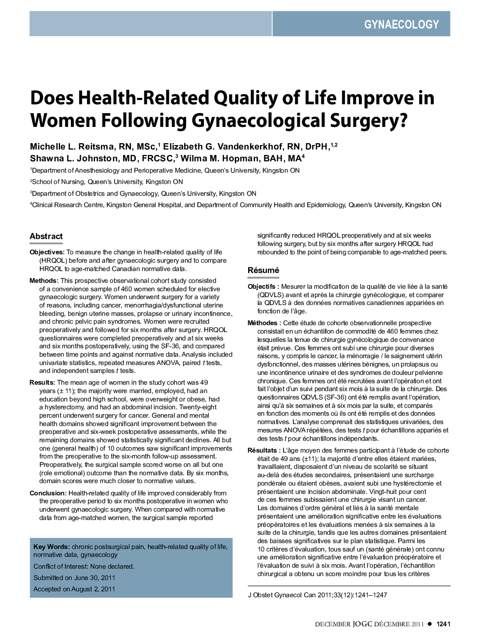 Does Health-Related Quality of Life Improve in Women Following Gynaecological Surgery?