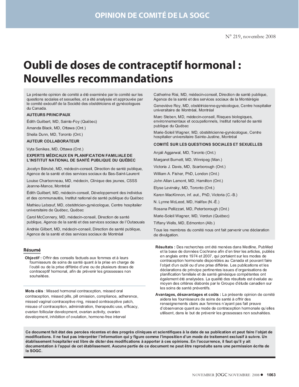 Oubli de doses de contraceptif hormonal: Nouvelles recommandations