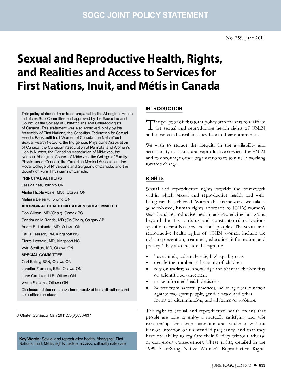 Sexual and Reproductive Health, Rights, and Realities and Access to Services for First Nations, Inuit, and Métis in Canada