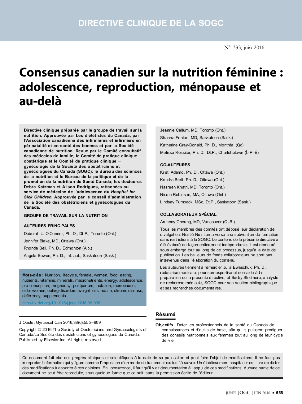 Consensus canadien sur la nutrition féminine : adolescence, reproduction, ménopause et au-delÃ 