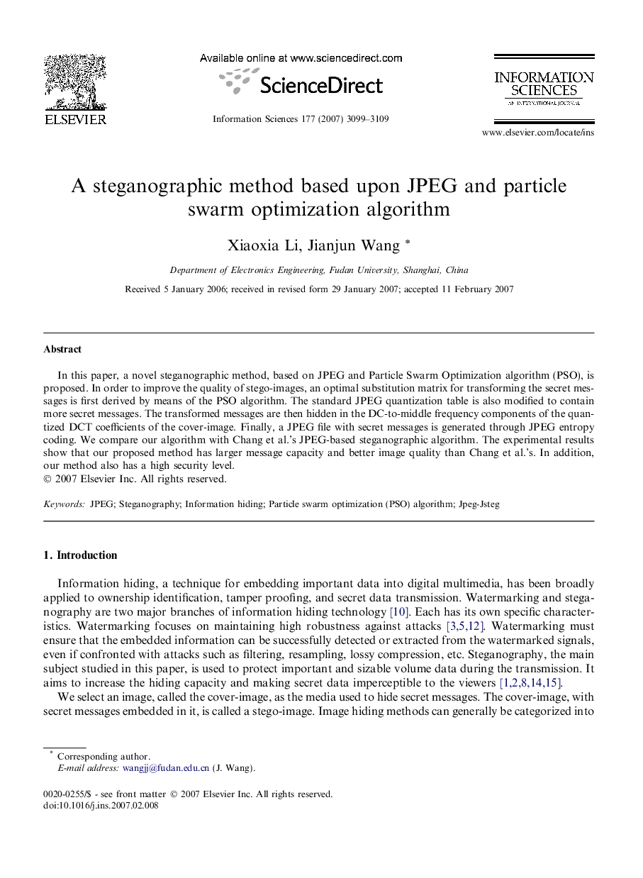 A steganographic method based upon JPEG and particle swarm optimization algorithm
