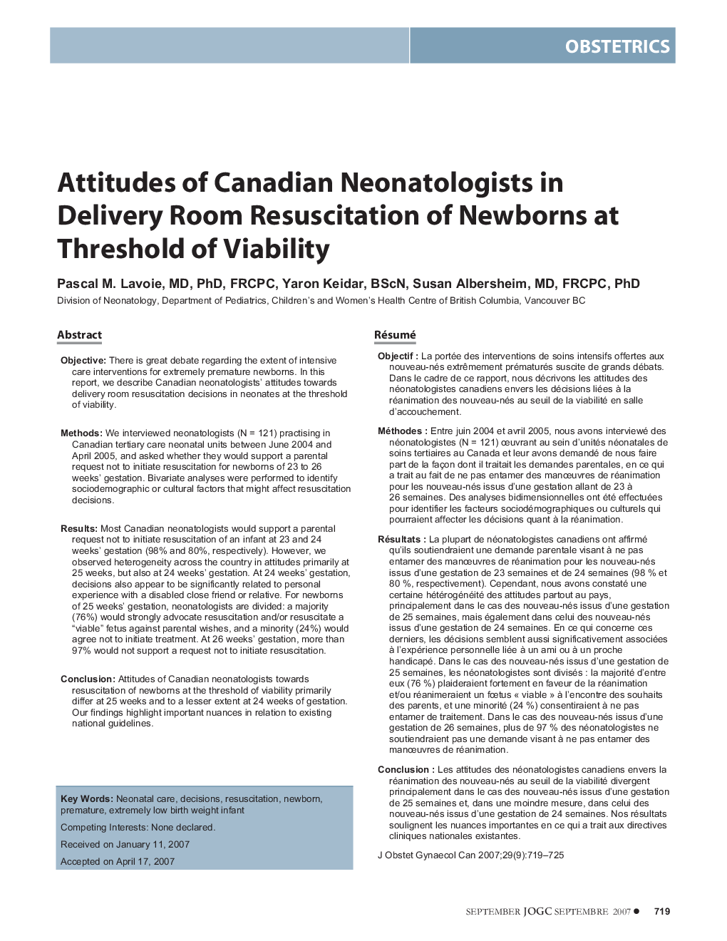 Attitudes of Canadian Neonatologists in Delivery Room Resuscitation of Newborns at Threshold of Viability