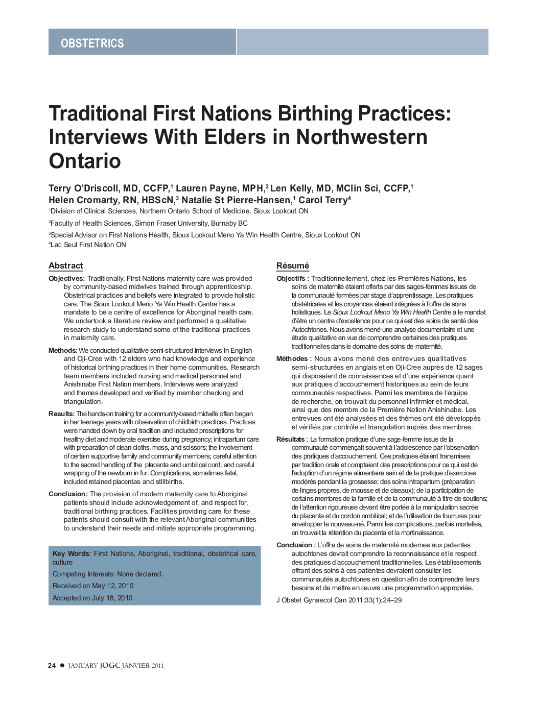 Traditional First Nations Birthing Practices: Interviews With Elders in Northwestern Ontario
