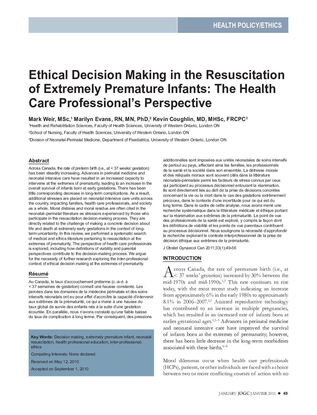 Ethical Decision Making in the Resuscitation of Extremely Premature Infants: The Health Care Professional's Perspective