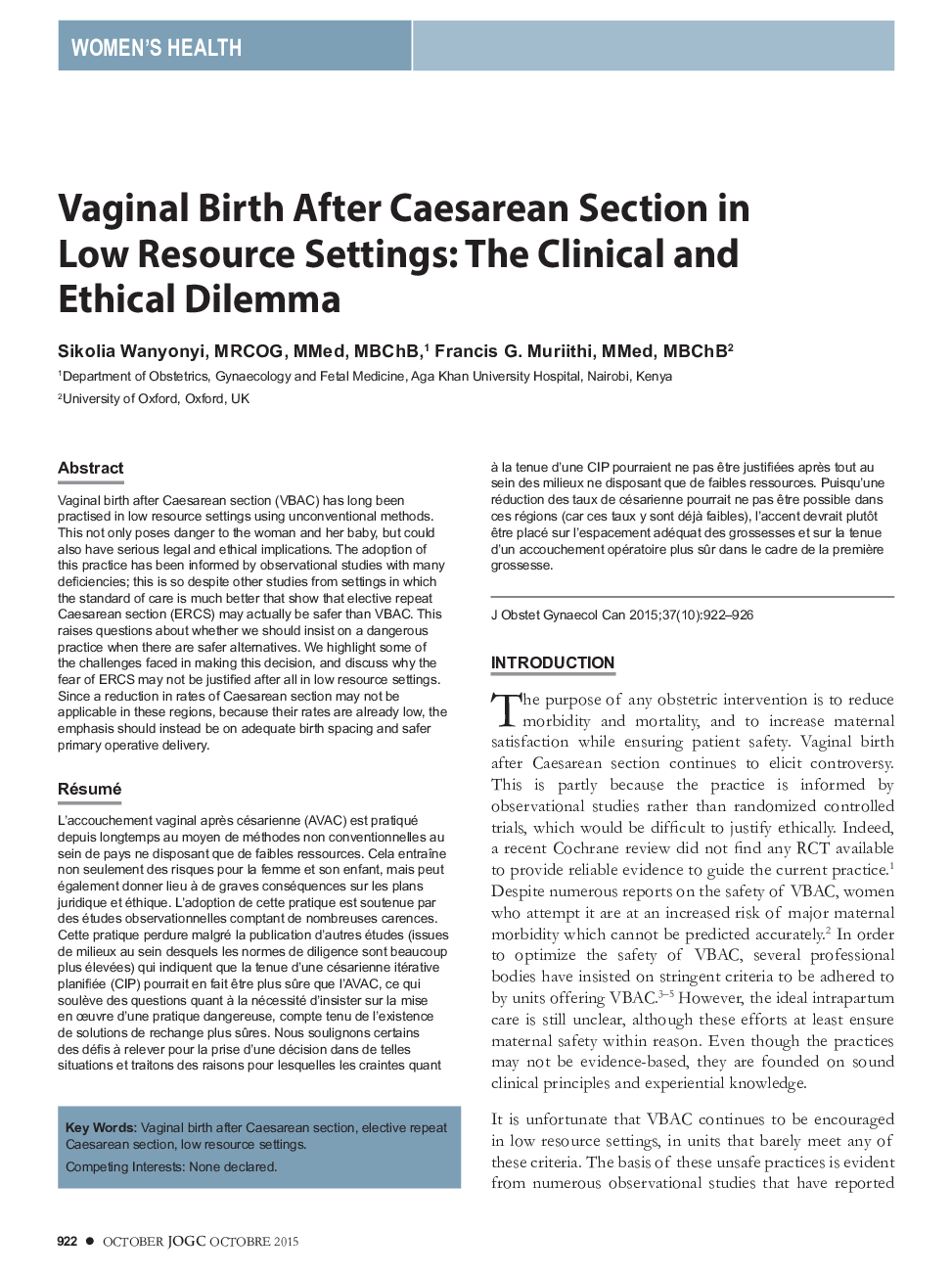 Vaginal Birth After Caesarean Section in Low Resource Settings: The Clinical and Ethical Dilemma