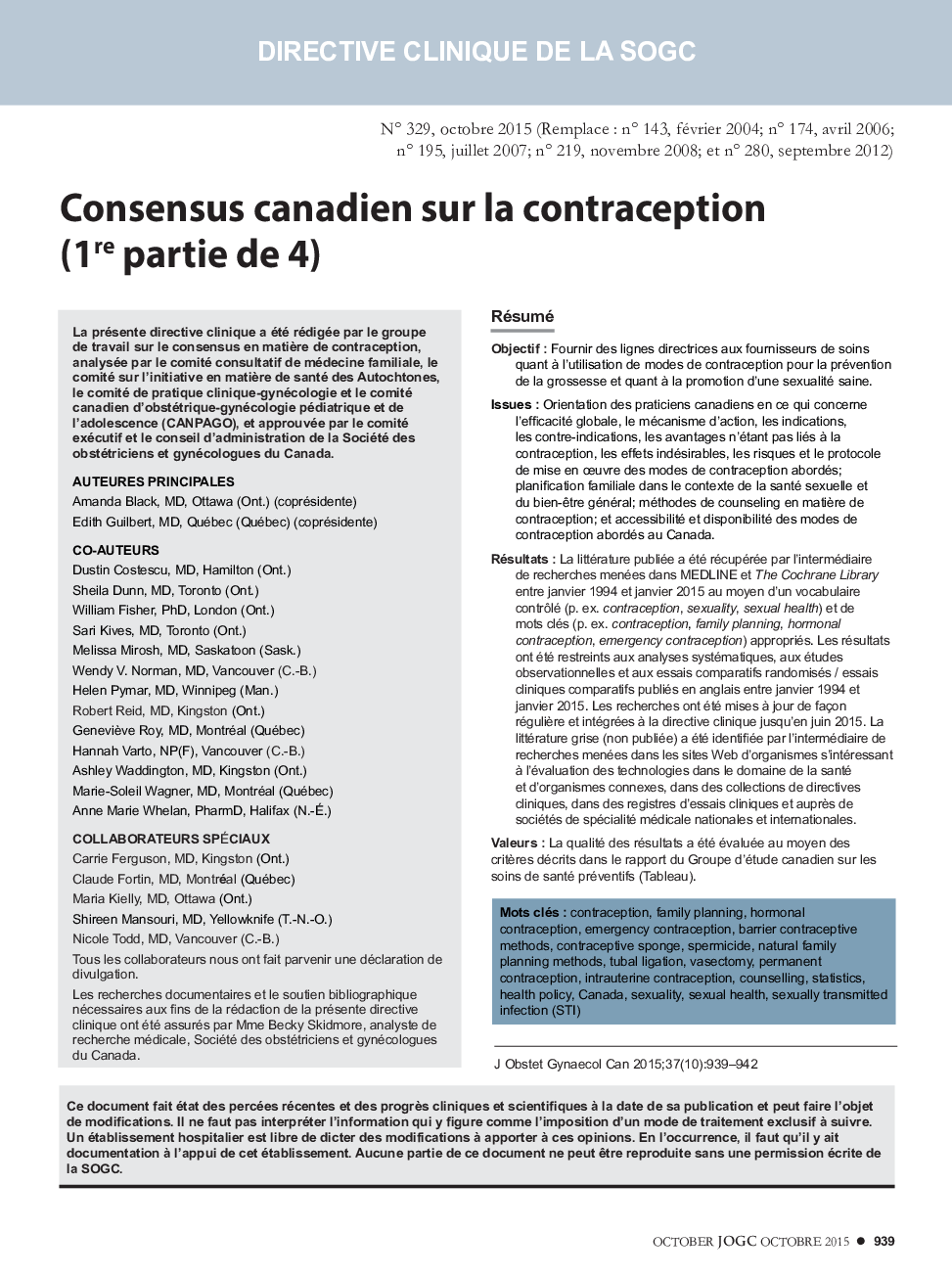 Consensus canadien sur la contraception (1re partie de 4)