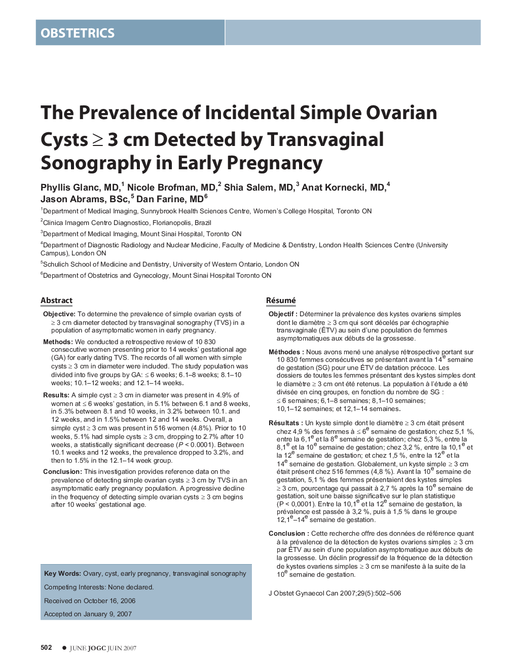 The Prevalence of Incidental Simple Ovarian Cysts â¥ 3 cm Detected by Transvaginal Sonography in Early Pregnancy