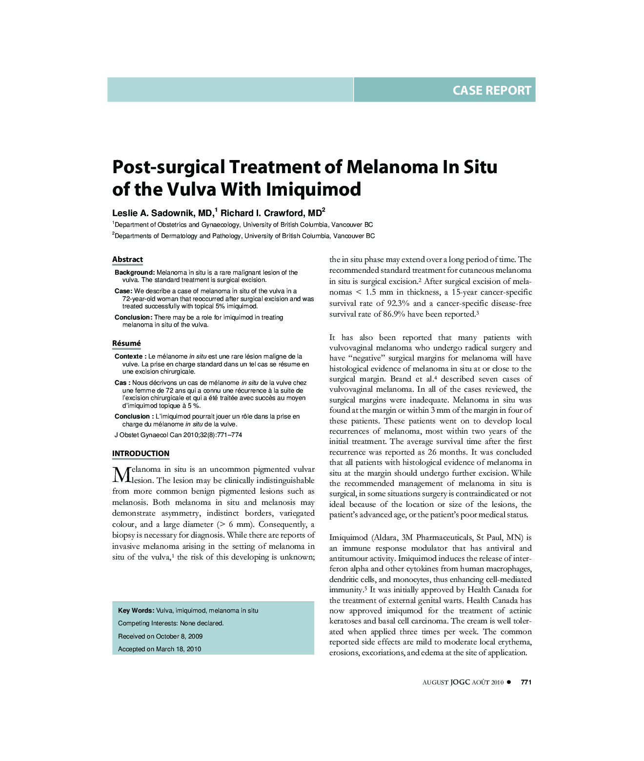 Post-surgical Treatment of Melanoma In Situ of the Vulva With Imiquimod