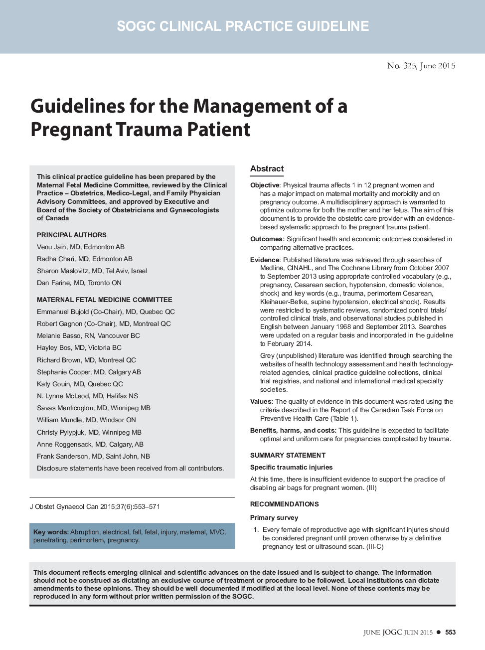 Guidelines for the Management of a Pregnant Trauma Patient