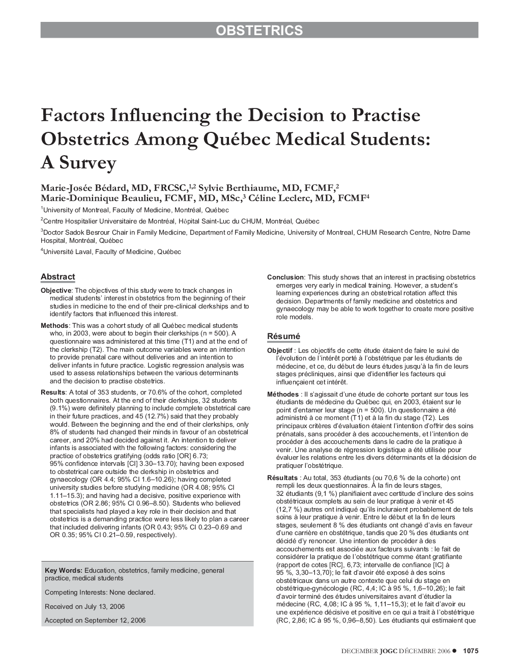 Factors Influencing the Decision to Practise Obstetrics Among Québec Medical Students: A Survey