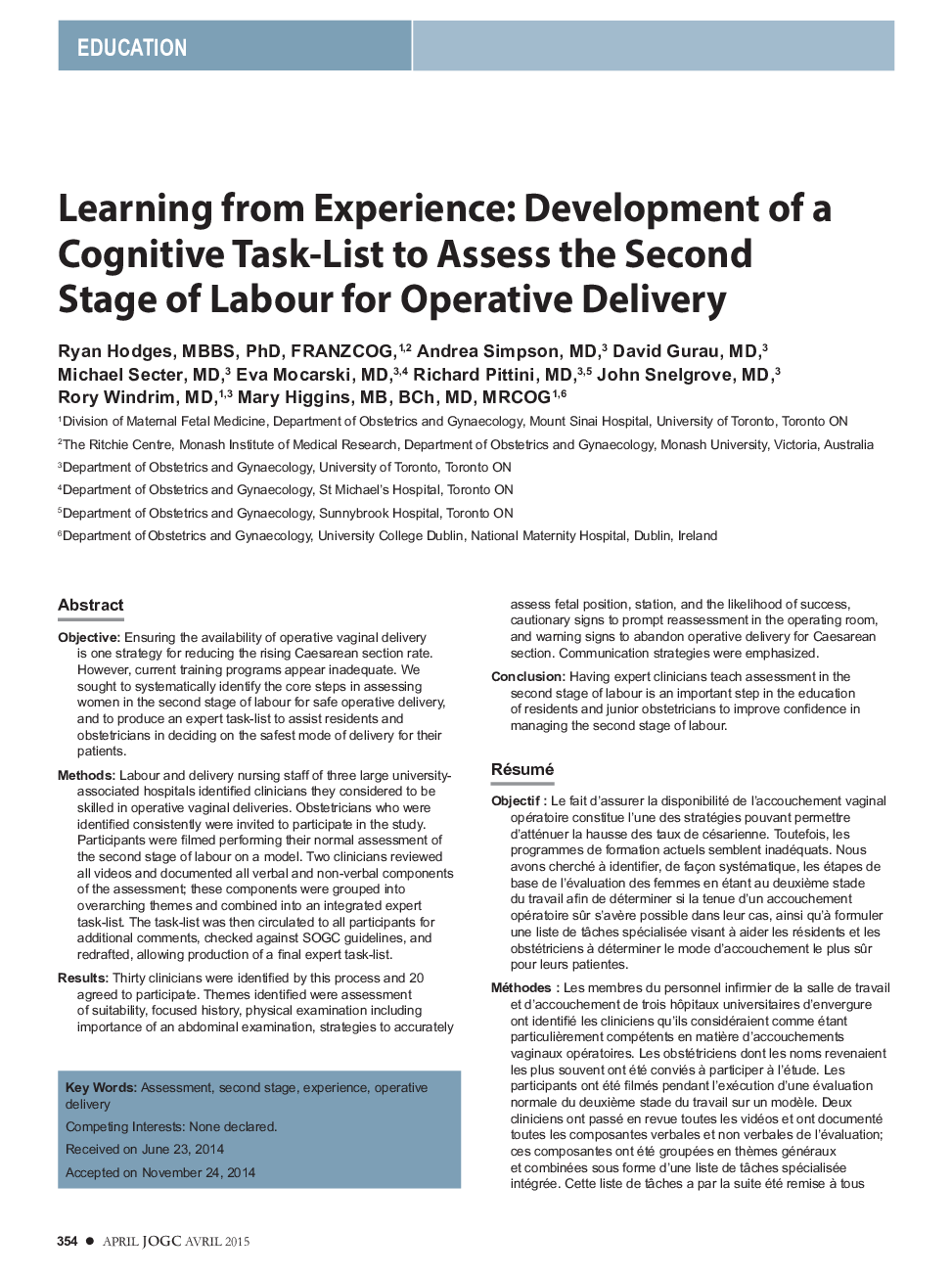 Learning from Experience: Development of a Cognitive Task-List to Assess the Second Stage of Labour for Operative Delivery