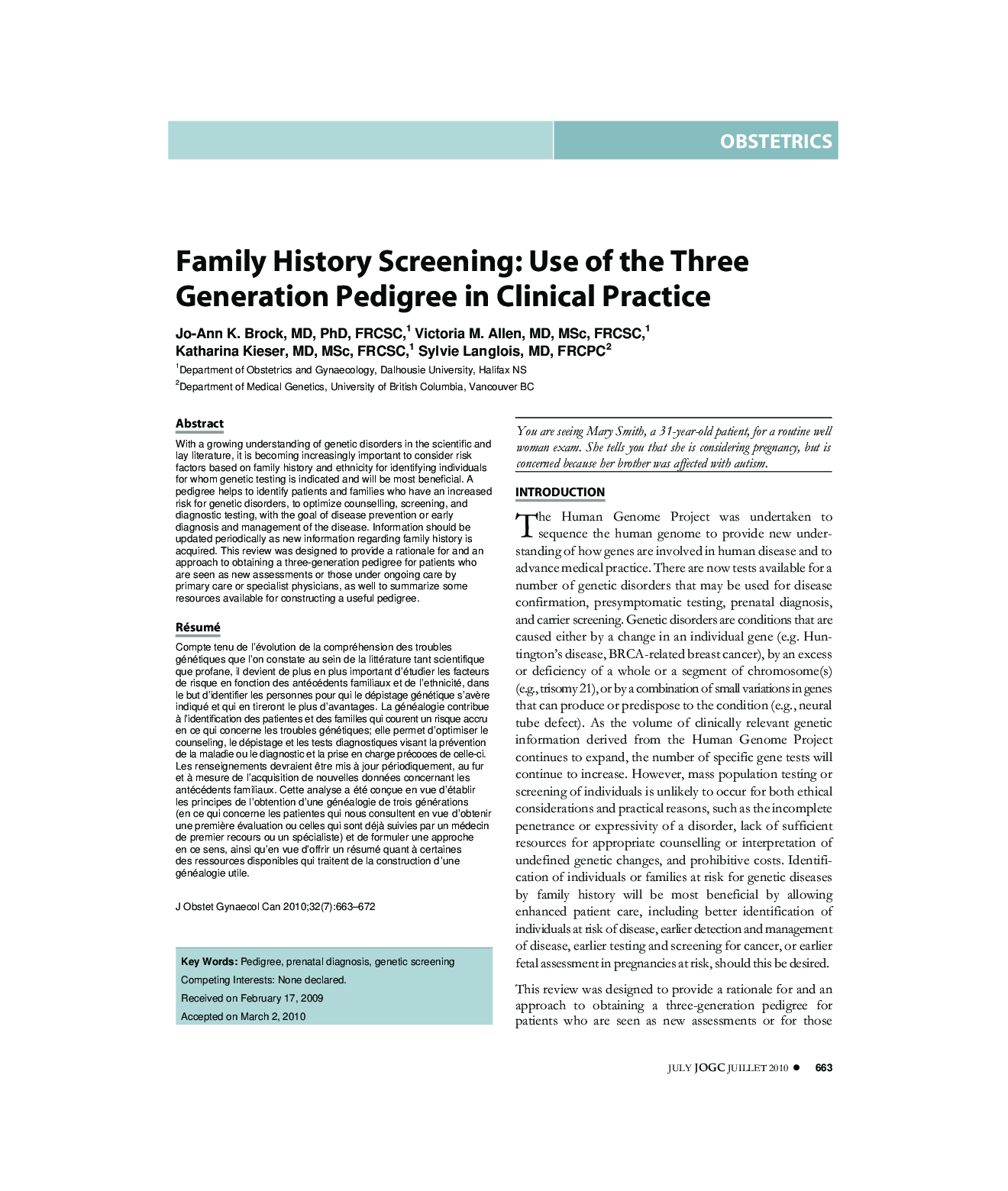 Family History Screening: Use of the Three Generation Pedigree in Clinical Practice