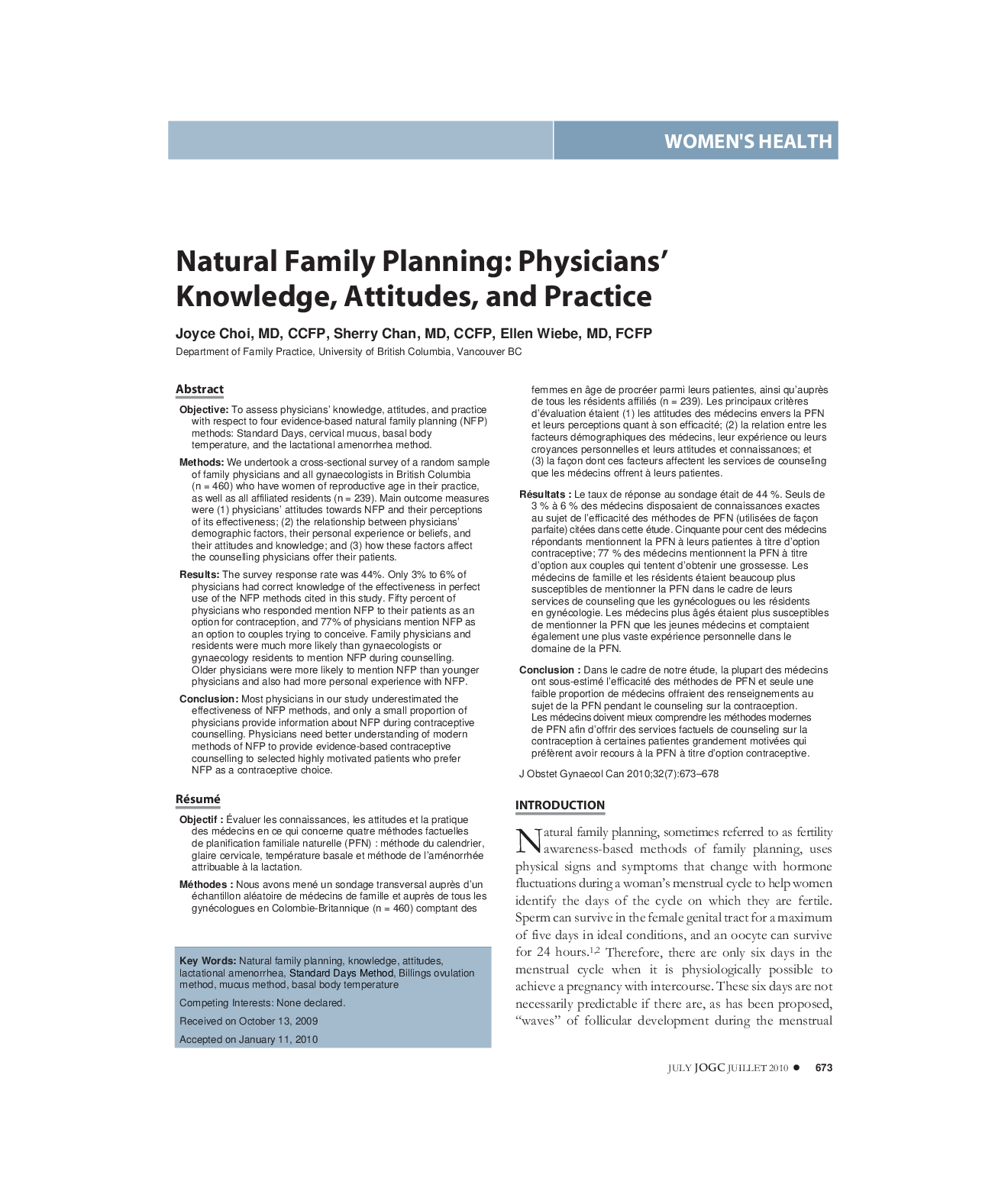 Natural Family Planning: Physicians' Knowledge, Attitudes, and Practice