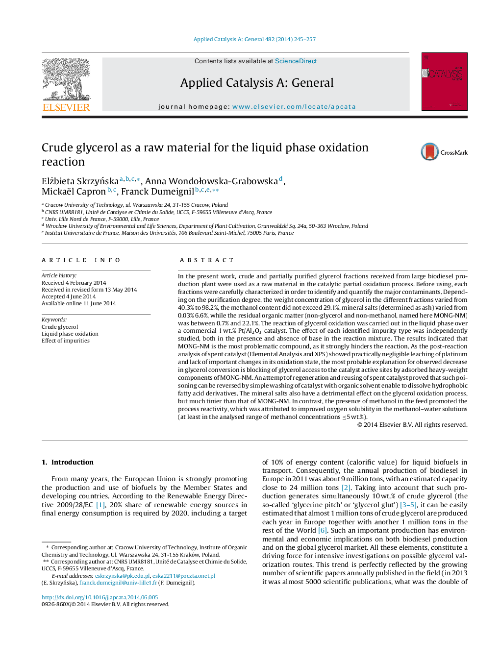 Crude glycerol as a raw material for the liquid phase oxidation reaction