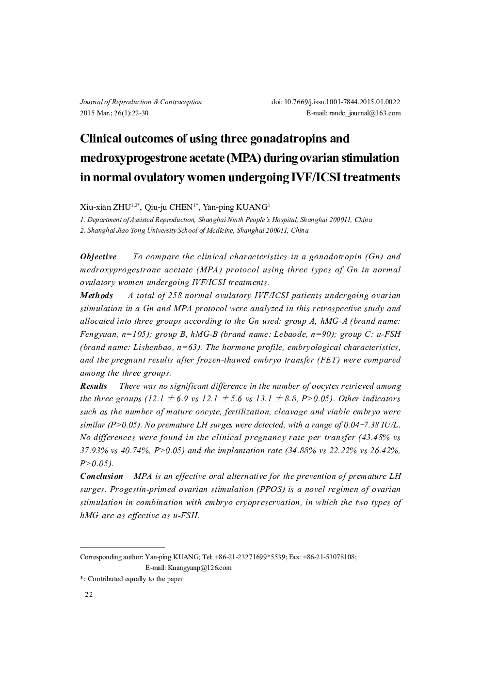 Clinical outcomes of using three gonadatropins and medroxyprogestrone acetate (MPA) during ovarian stimulation in normal ovulatory women undergoing IVF/ICSI treatments