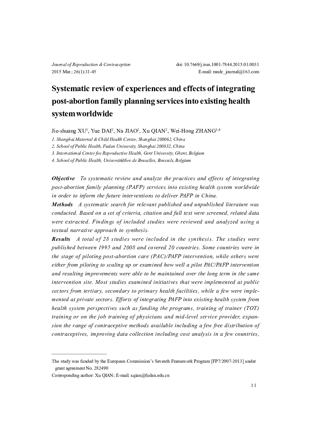 Systematic review of experiences and effects of integrating post-abortion family planning services into existing health system worldwide 