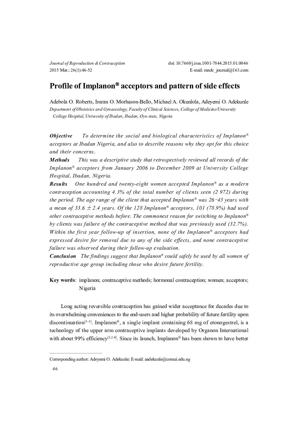 Profile of Implanon® acceptors and pattern of side effects