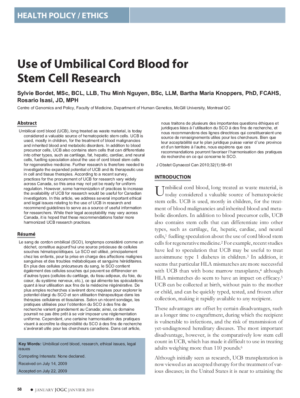 Use of Umbilical Cord Blood for Stem Cell Research