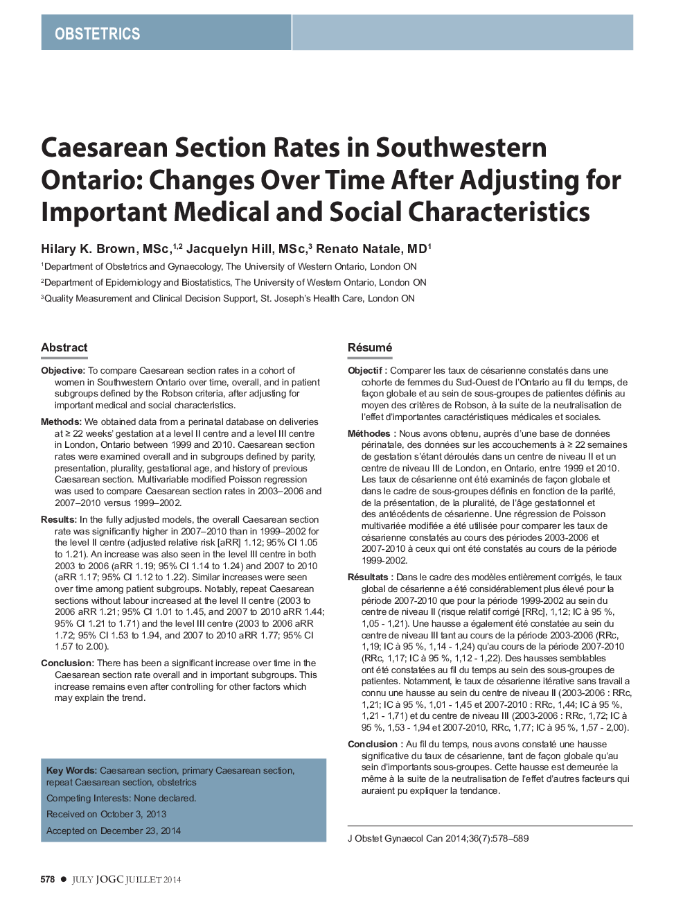 Caesarean Section Rates in Southwestern Ontario: Changes Over Time After Adjusting for Important Medical and Social Characteristics