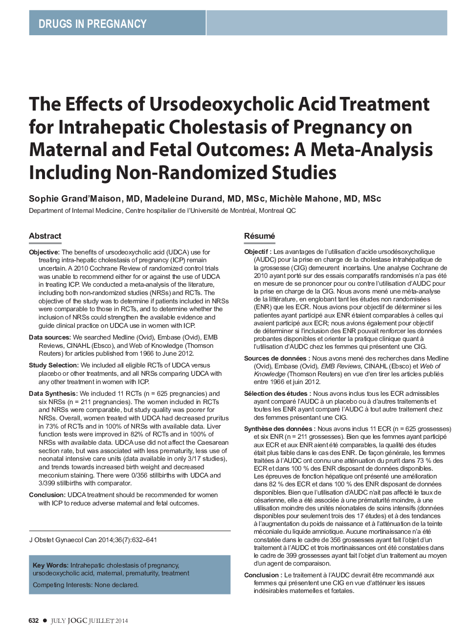 The Effects of Ursodeoxycholic Acid Treatment for Intrahepatic Cholestasis of Pregnancy on Maternal and Fetal Outcomes: A Meta-Analysis Including Non-Randomized Studies