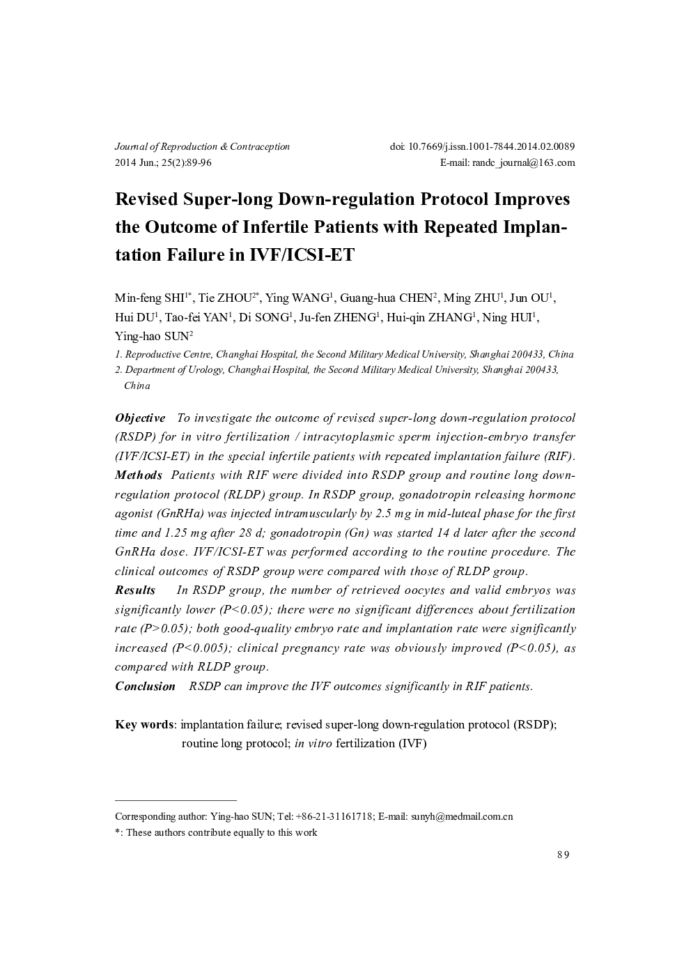 Revised Super-long Down-regulation Protocol Improves the Outcome of Infertile Patients with Repeated Implantation Failure in IVF/ICSI-ET