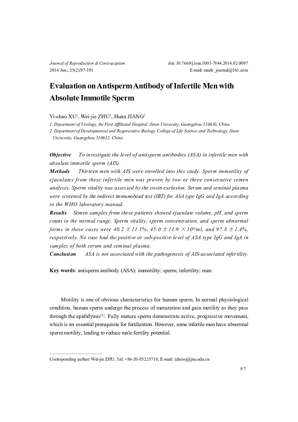 Evaluation on Antisperm Antibody of Infertile Men with Absolute Immotile Sperm