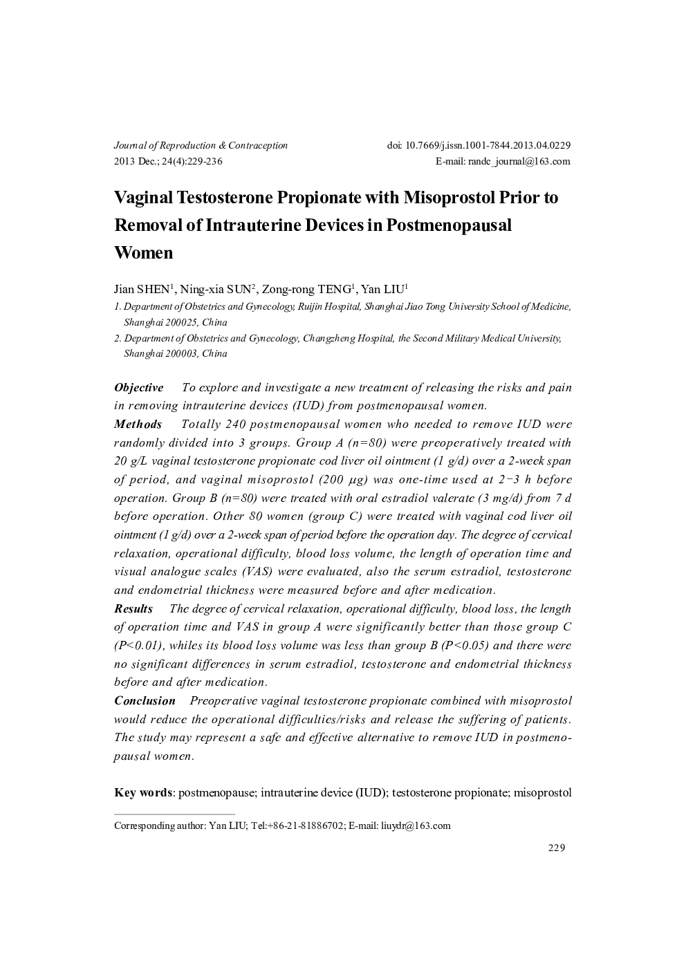 Vaginal Testosterone Propionate with Misoprostol Prior to Removal of Intrauterine Devices in Postmenopausal Women