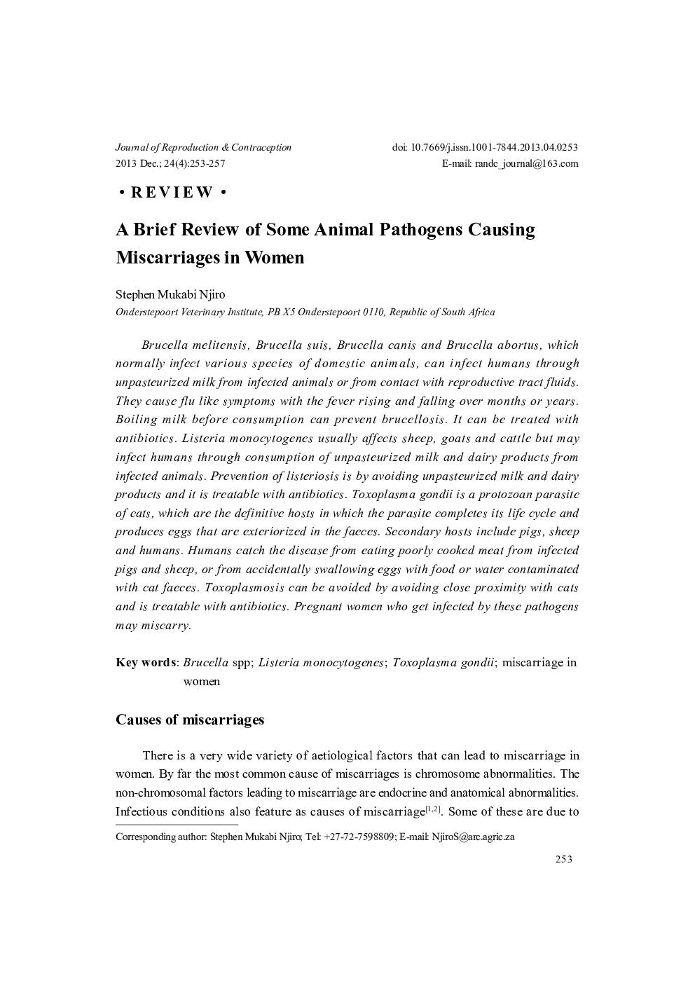 A Brief Review of Some Animal Pathogens Causing Miscarriages in Women