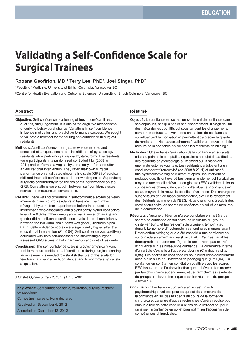 Validating a Self-Confidence Scale for Surgical Trainees