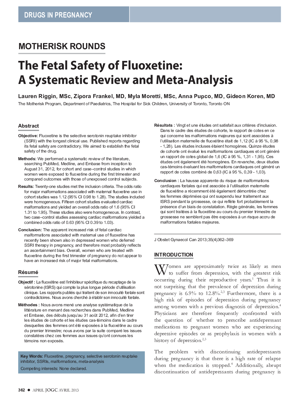 MOTHERISK ROUNDS: The Fetal Safety of Fluoxetine: A Systematic Review and Meta-Analysis