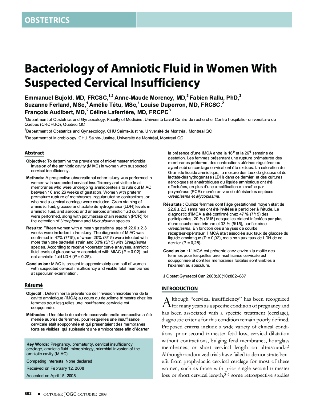 Bacteriology of Amniotic Fluid in Women With Suspected Cervical Insufficiency