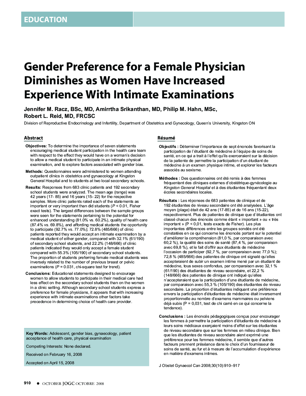 Gender Preference for a Female Physician Diminishes as Women Have Increased Experience With Intimate Examinations