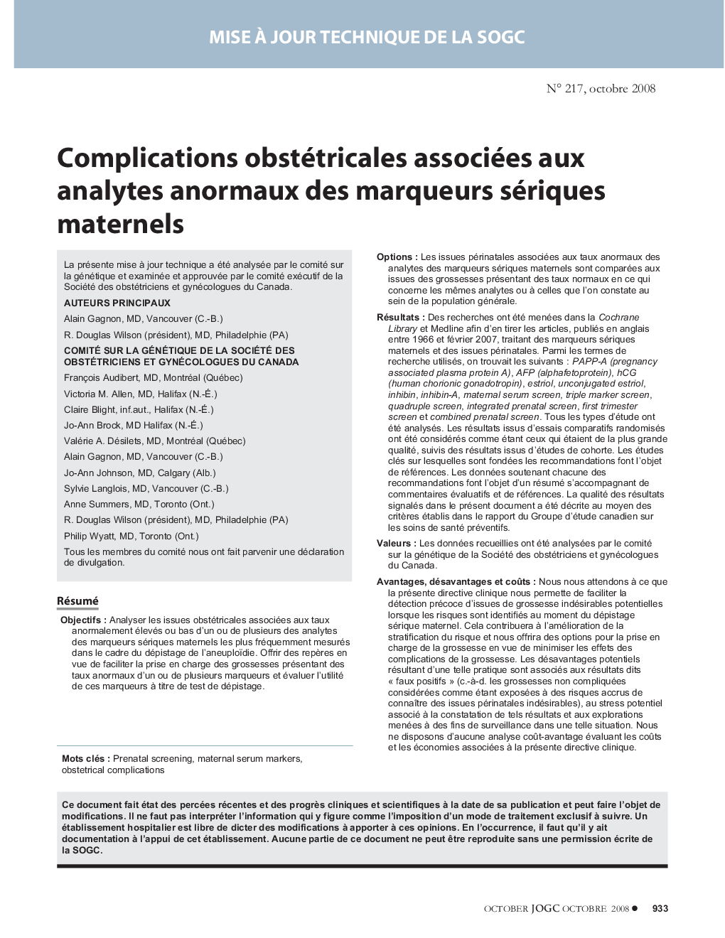 Complications obstétricales associées aux analytes anormaux des marqueurs sériques maternels