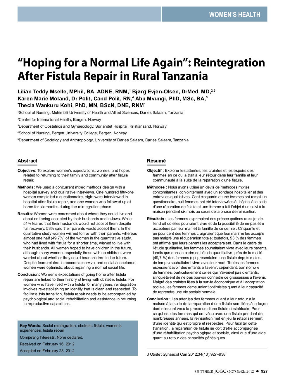 "Hoping for a Normal Life Again": Reintegration After Fistula Repair in Rural Tanzania