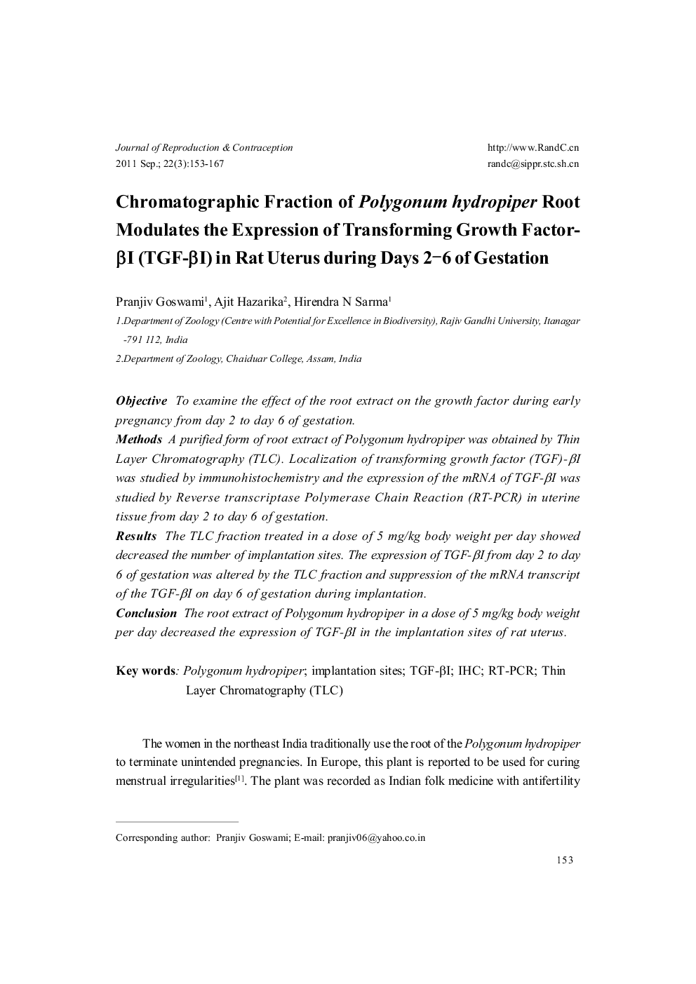 Chromatographic Fraction of Polygonum hydropiper Root Modulates the Expression of Transforming Growth Factor-βI (TGF-βI) in Rat Uterus during Days 2-6 of Gestation