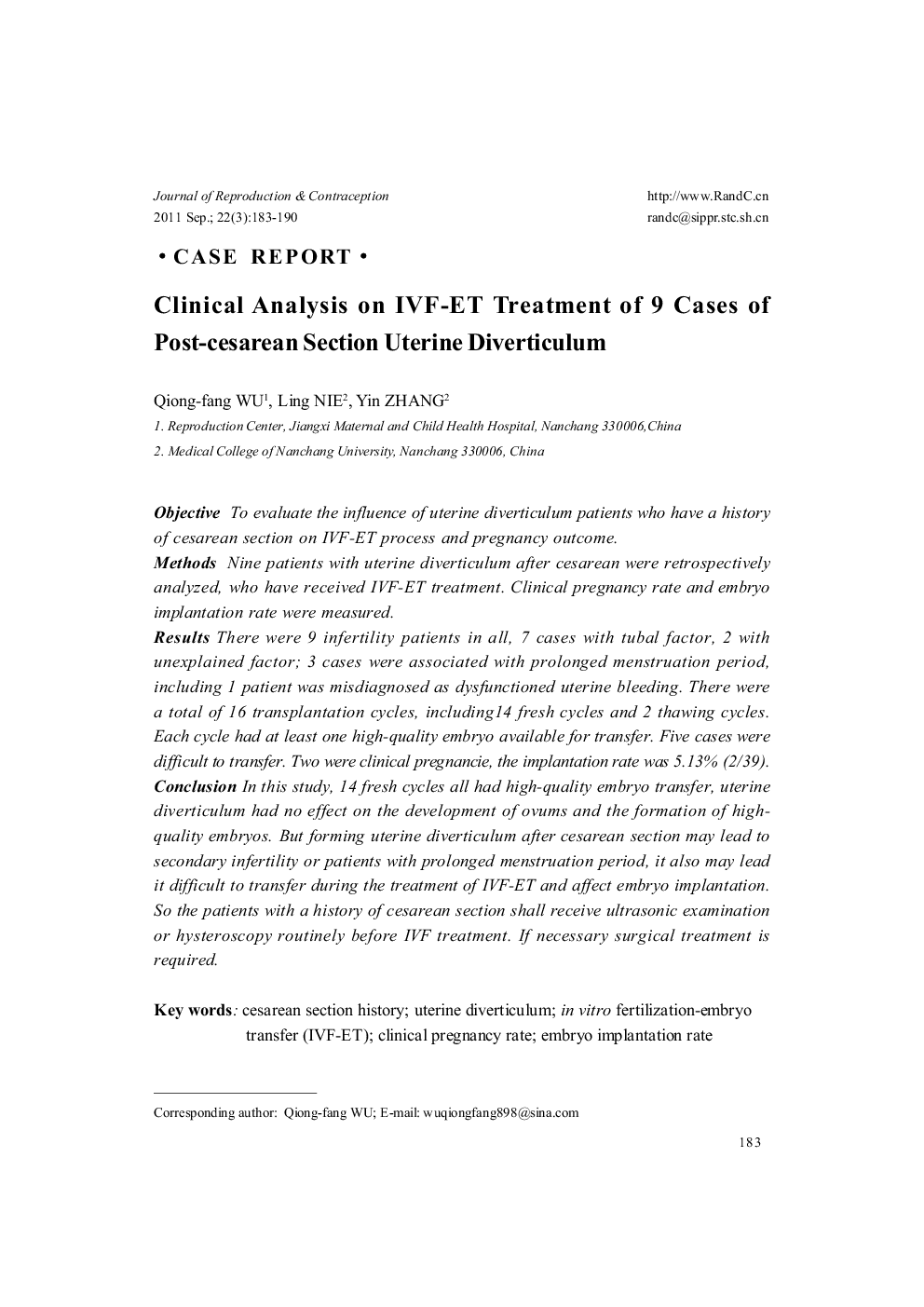 Clinical Analysis on IVF-ET Treatment of 9 Cases of Post-cesarean Section Uterine Diverticulum