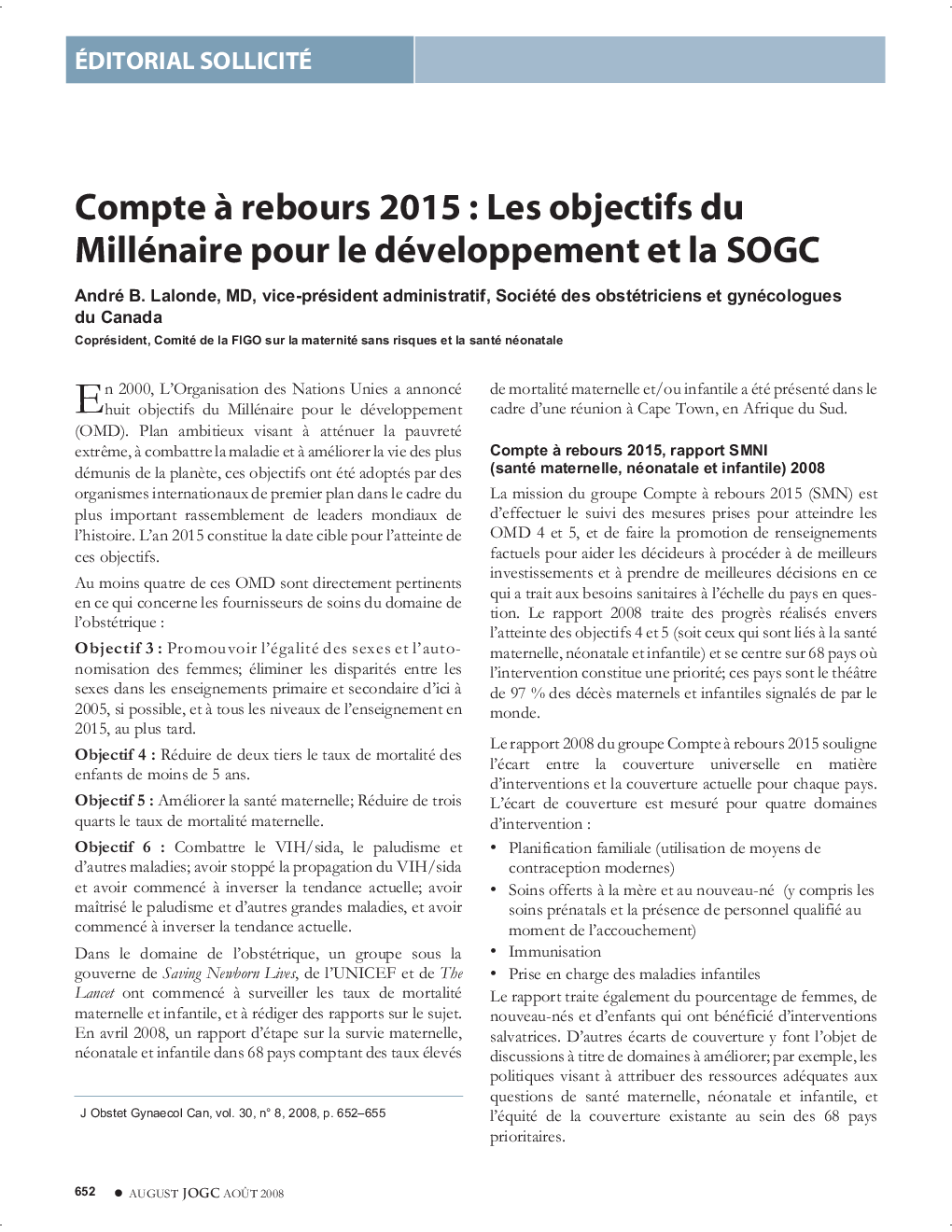 Compte Ã  rebours 2015: Les objectifs du Millénaire pour le développement et la SOGC
